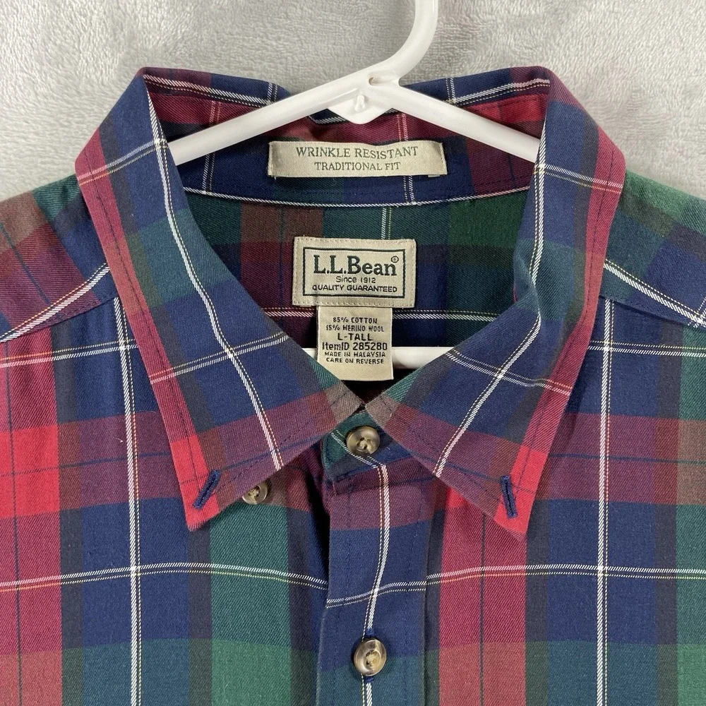 L.L. Bean Shirt Mens Large Tall Button Down Merino Wool Cotton Plaid Long Sleeve